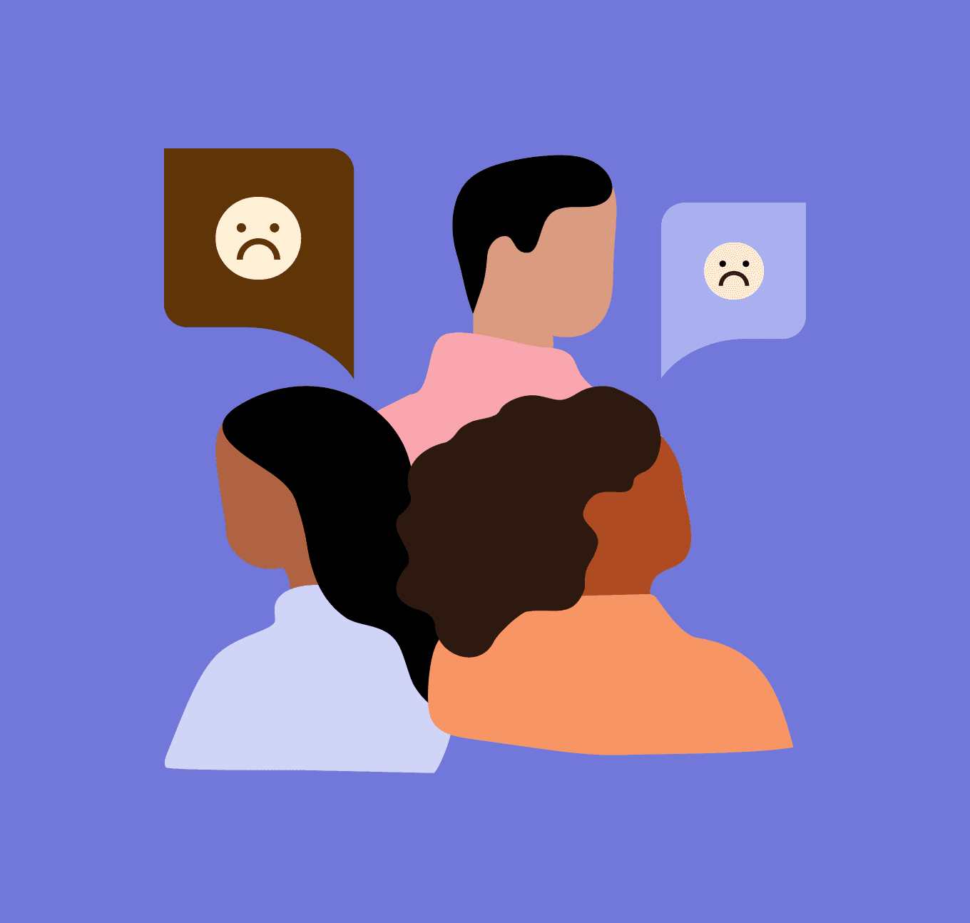 Illustration of people with chat bubbles showing sad emojis representing poor team dialogue