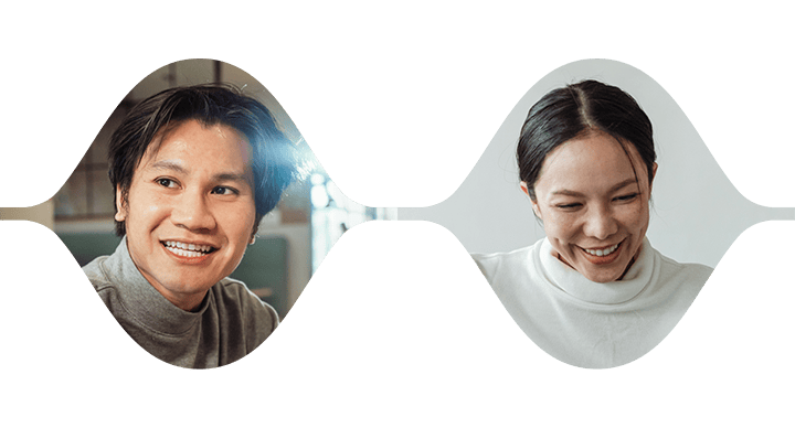 Portraits of four people in vase-shaped frames representing facilitators and team leaders